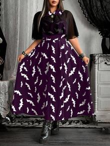 Whyspr 2 pièces/set Robe camisole élégante gothique avec imprimé chauve-souris et étole en mousseline, tenue de cosplay pour fête d'Halloween - Prune - Voir 1