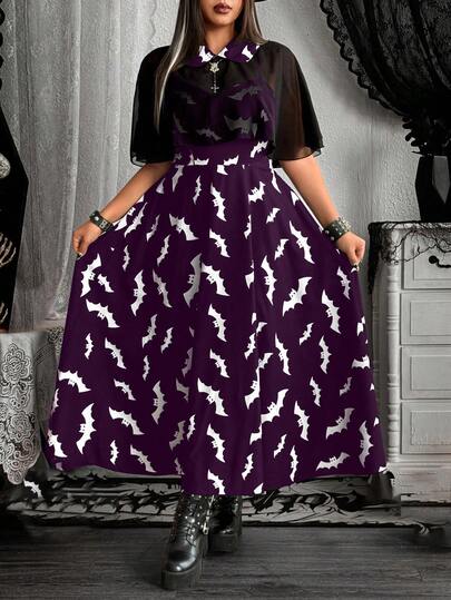Whyspr Bộ 2 chiếc váy yếm in hình con dơi phong cách Gothic thanh lịch kèm khăn choàng voan, trang phục hóa trang dự tiệc Halloween