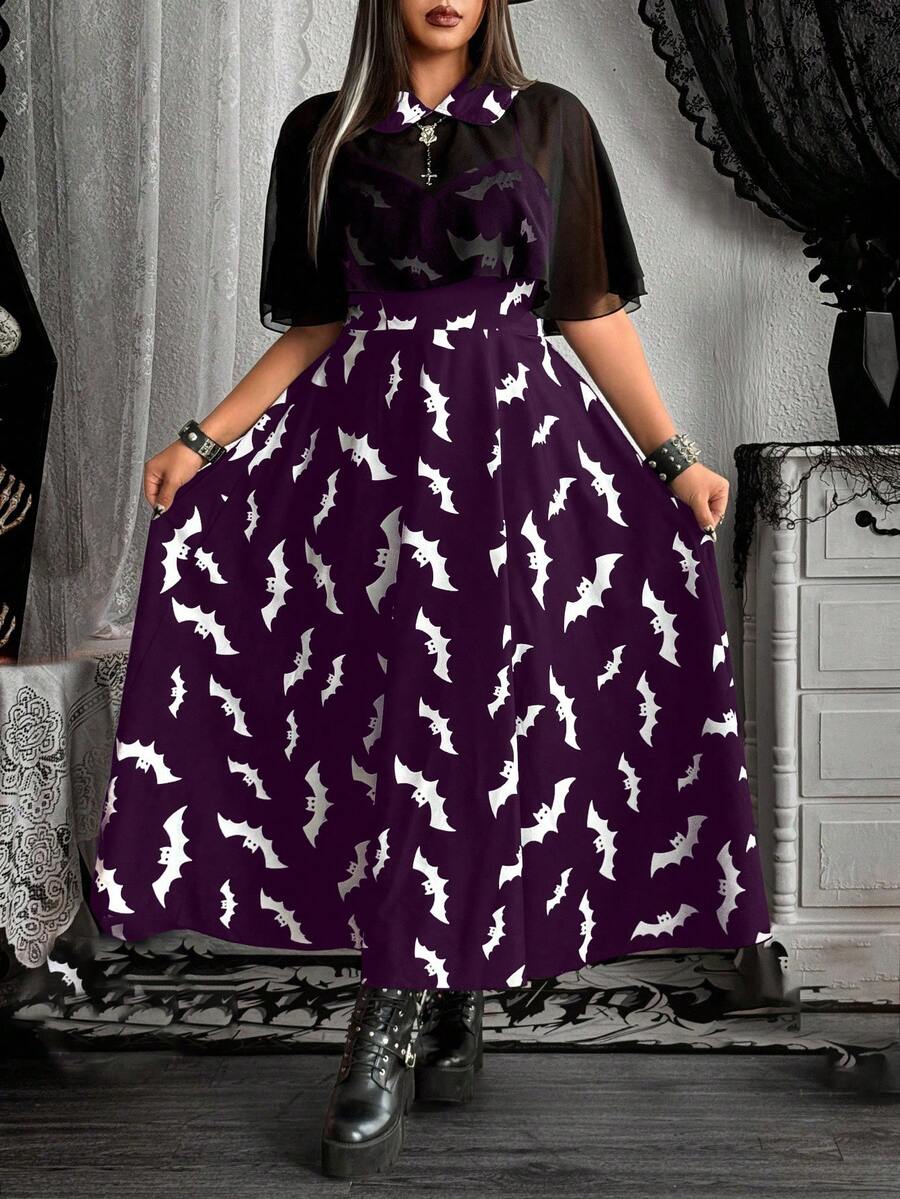 Whyspr 2 pièces/set Robe camisole élégante gothique avec imprimé chauve-souris et étole en mousseline, tenue de cosplay pour fête d'Halloween - Prune - Voir 1