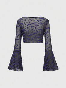 ROMWE Goth Damen Halloween modischer Fledermaus-Flockenmesh Ballonärmel Crop Top - Violett - Übersicht 2