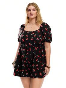 Solavibe Plus Size Women's Square Neck Short Sleeve Cherry Print Playsuit, Spring/Summer - Multicolor - View 3