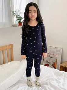 DAZY 少女蝴蝶结印花长袖睡衣套装 - 藏蓝色 - 查看 3