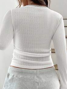 Vionelle Celure 大码女式甜美蕾丝边长袖 T 恤，修身款三扣休闲白色 T 恤上衣夏季 - 白色 - 查看 2