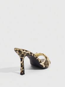 CUCCOO SZL Gold Metal PU Leopard Print & Gold Bone Decor Fashionable Sexy Pointed Toe High Heel Mule Sandals
