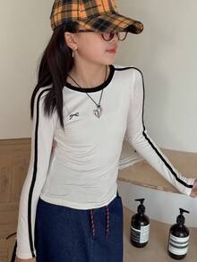 DAZY Tween Girls Crew Neck Fitted Knit Printed T-Shirt, Fall Long Sleeve Tops Women - White - View 4