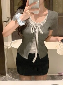 DAZY 女式夏季二合一荷叶边蝴蝶结短袖T恤