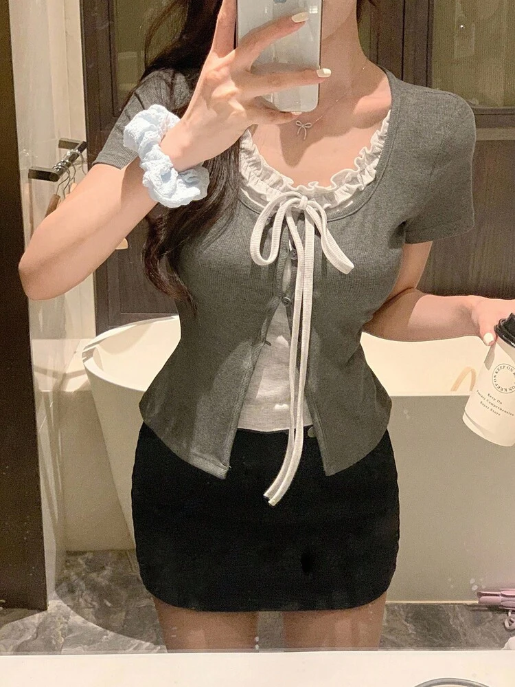Women's Summer 2 In 1 Ruffled Bowknot Short Sleeve T-Shirt