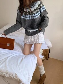 DAZY Women's Crew Neck Contrast Color Casual Loose Fit Long Sleeve Sweater, Korean Style, Autumn/Winter,New Year,Christmas