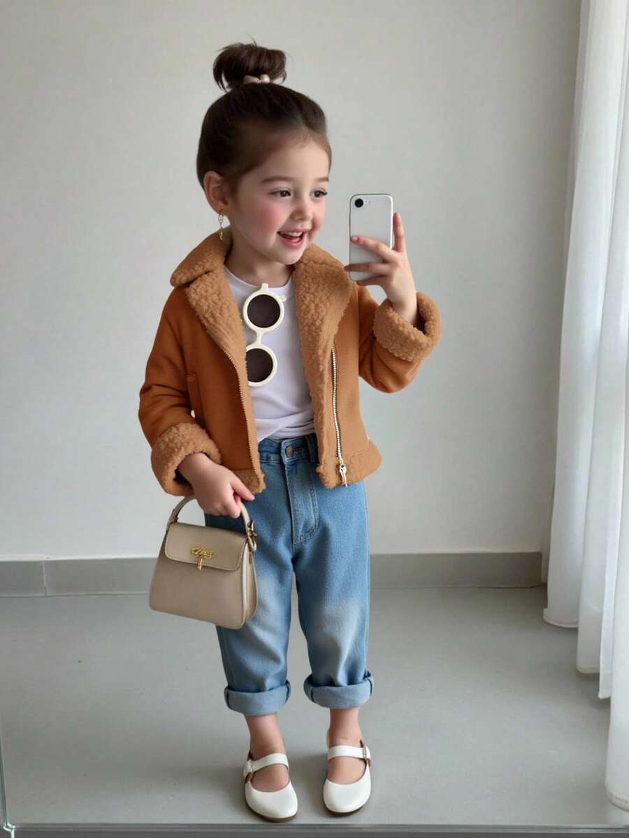 SHEIN Mommy And Me 卡其色保暖内衬拉链翻领夹克,适合户外、派对、雪地玩耍、秋冬季 - 彩色 - 查看 1