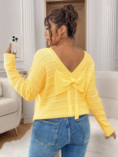 Elenzga 大码女式厚针织套头衫，粉色圆领宽松露背拼接大蝴蝶花朵性感百搭毛衣，秋冬