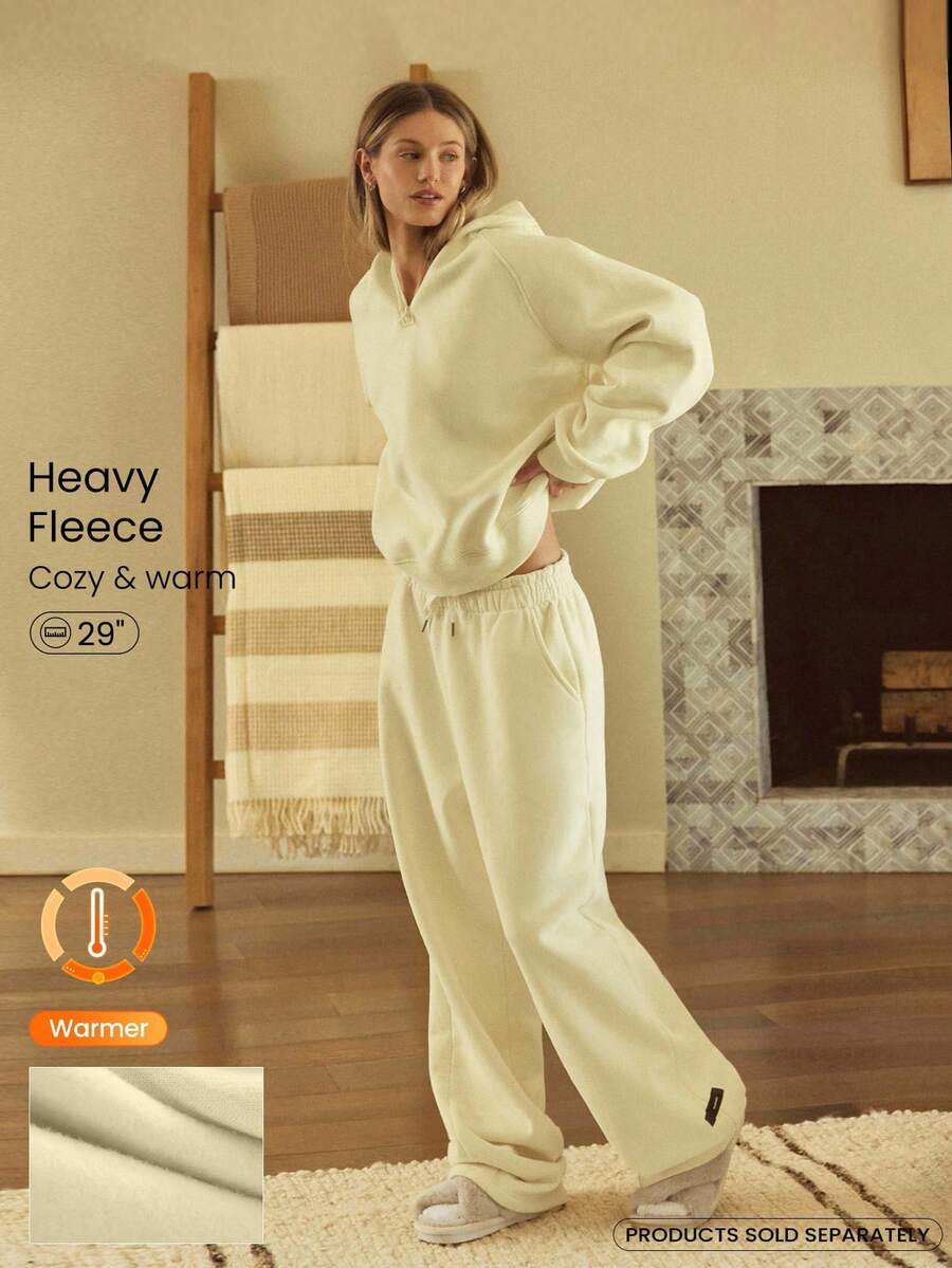 GLOWMODE 厚重羊毛超大码可调节抽绳腰部基本款阔腿慢跑裤带侧袋日常休闲保暖冬季 - 黃色 - 查看 1