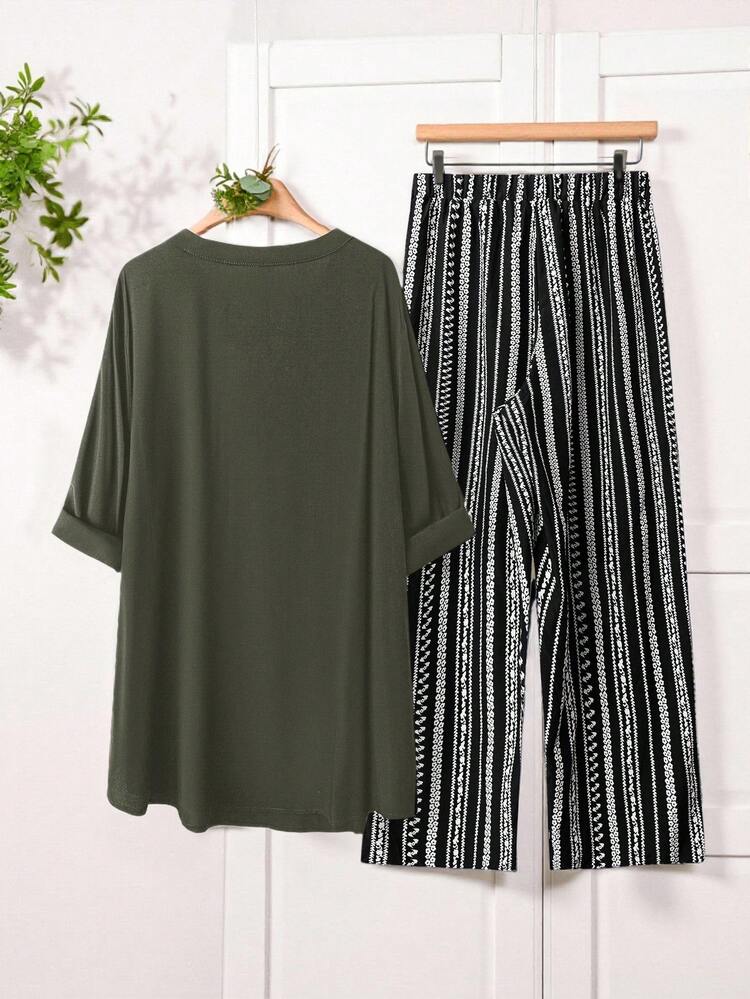 プラスサイズ女性用 無地Vネック フリル袖シャツ とストライプ ワイドレッグパンツ カジュアル 2点セット