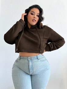 SHEIN SXY Plus Size Women Fluffy Coffee Brown Hooded Short Sweatshirt, Suitable For Graduation, Back To School, Graduation Ceremony, Women Teachers Outfit, Back To School Autumn Winter Clothes For Women