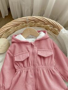 Áo khoác nỉ nhung kẻ có mũ trùm đầu dễ thương cho bé gái, Thu/Đông - Hồng - Xem 4