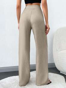 SHEIN Tall 100%Cotton Tall Women's Solid Slant Pocket Straight Leg Pants - Beige - View 2