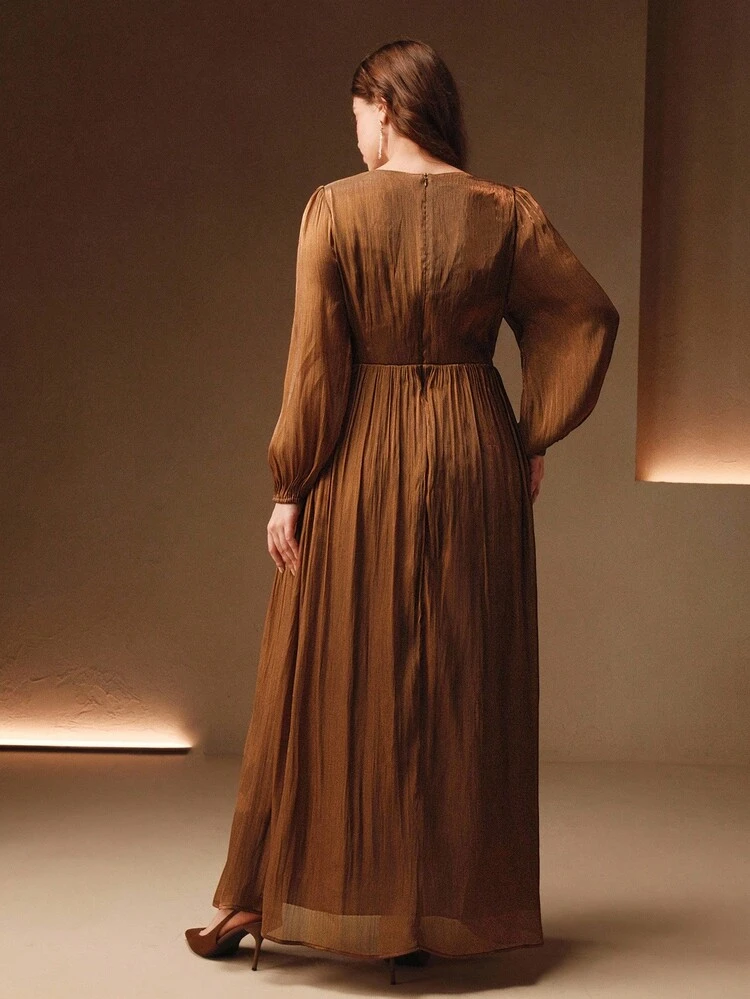 Plus Size Women's Olive Green Shiny Long Dress, Round Neck With Waist Ruching, Puff Sleeves, Elegant & Versatile For Fall, Autumn, Party, Christmas, New Year, Wedding