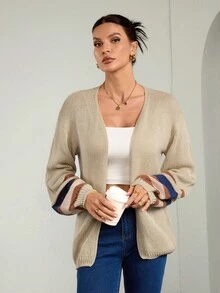 SHEIN Tall Women Casual Color-Block Striped Cardigan Thanksgiving Winter , Autumn/Winter, Daily Wear, Tall Women - Apricot - View 7