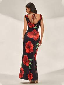 SHEIN Unity 女式撞色花卉印花低胸无袖性感连衣裙 - 黑色 - 查看 5