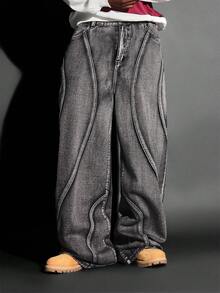 SUMWON Weite Bein Loose Fit Paneelen Baggy Jeans Y2K Streetwear Lässig Jeans Hose mit Kontrastnaht Herbst Winter Mode