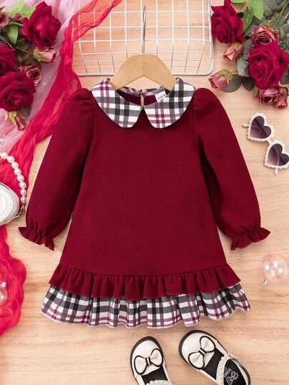 SHEIN Babygirl Cute Elegant Plaid Baby Doll Collar Ruffled Burgundy Puff Sleeve Dress, Fall And Winter, Suitable For Gatherings, Birthdays, Parties, Daily