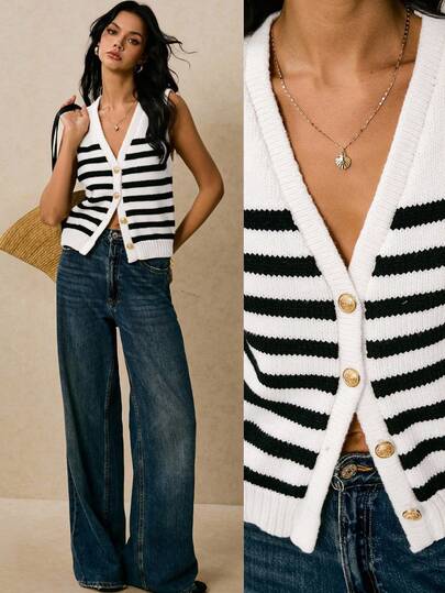 Poéselle 女士度假休闲撞色条纹针织背心秋冬女装