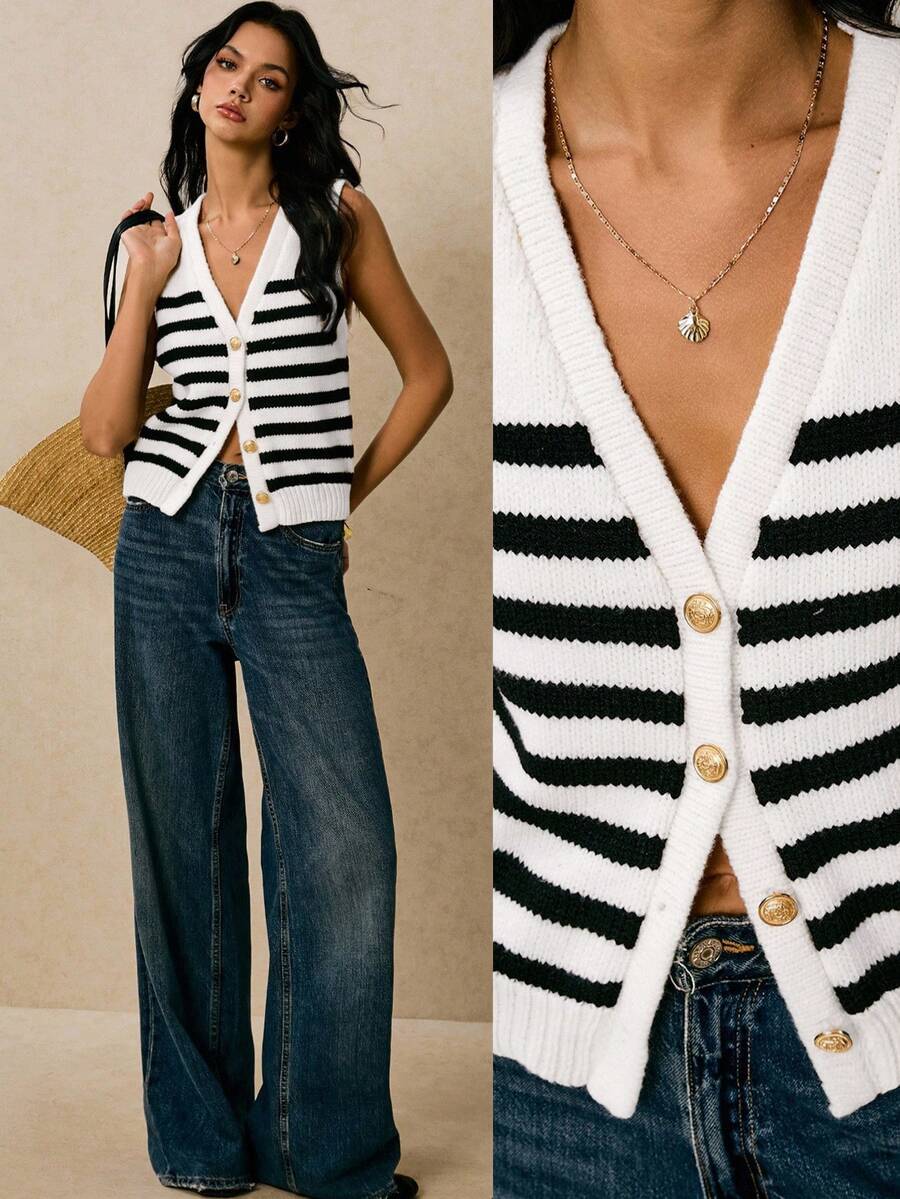 Poéselle Women's Vacation Casual Contrast Stripe Knit Vest Autumn Winter Clothes For Women - Black and White - View 1