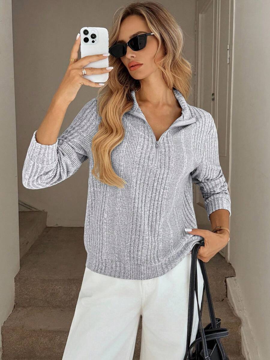 Easowa T-shirt décontracté vintage pour femmes en tissu côtelé texturé et doux avec col zippé - Gris - Voir 1