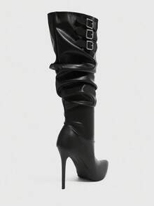 CUCCOO SZL White Pointed Toe Stiletto Heel Mid-Calf Slip-On Boots - Black - View 10