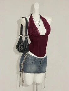 SHEIN ICON Women's Lace Patchwork Sheer V-Neck Backless Camisole Top Gothic Bathing Suit  Western Bathing Suit - Red - View 6