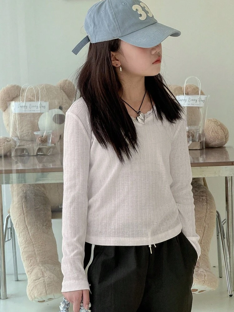 Tween Girls V-Neck Long Sleeve Knit T-Shirt, Fall