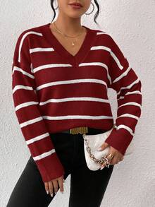 SHEIN Frenchy Áo len cổ chữ V họa tiết sọc trễ vai thời trang thu đông cho nữ - Nhiều màu - Xem 6