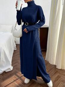 EURMUSE Women Solid Color Rib Knit Turtleneck Slit Detailed Long Sweater Dress & Sweater Pants Set - Navy Blue - View 2