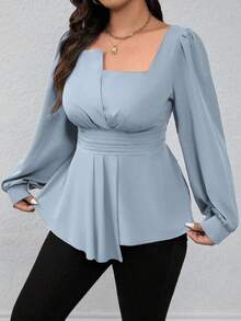 EMERY ROSE Plus Size Square Collar Ruffled Hem Peplum Top,Dusty Blue Elegant Lantern Long Sleeve Blouse For Women,Autumn Dinner Casual Solid Color Curvy Shirt - Baby Blue - View 8