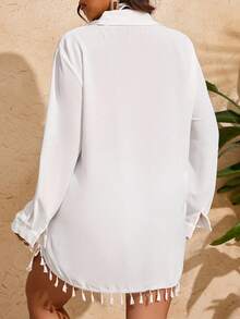 Swim Vcay Plus Size Summer Beach Women's Tassel Hem Beach Cover-Up Shirt - White - View 2