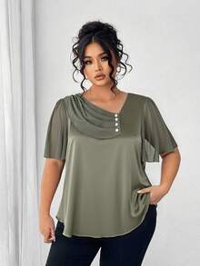 Elenzga Plus Size Asymmetrical Ruffle Collar Button Decor Short Sleeve Elegant Blouse - Army Green - View 4