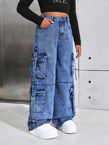 SHEIN 少女Y2K时尚浅色水洗高腰宽松直筒工装牛仔裤，带实用口袋，百搭风格，夏季街头风波西米亚风，适合锐舞派对、音乐会、音乐节等场合。Y2K工装牛仔裤，Y2K风格宽松牛仔裤。 - 深色水洗藍 - 查看 3