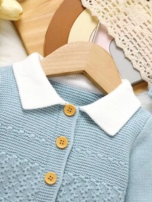 SHEIN Newborn Baby Autumn Contrast Color Lapel Long Sleeve Single-Breasted Knitted Jumpsuit Boy Light Blue Sweater Romper Fall Knit Outfit Kawaii - Baby Blue - View 3