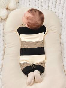 SHEIN 新生女宝宝休闲可爱针织条纹长袖按扣裆连体衣，适合秋冬季室内外穿着，婴儿派对礼物 - 彩色 - 查看 2