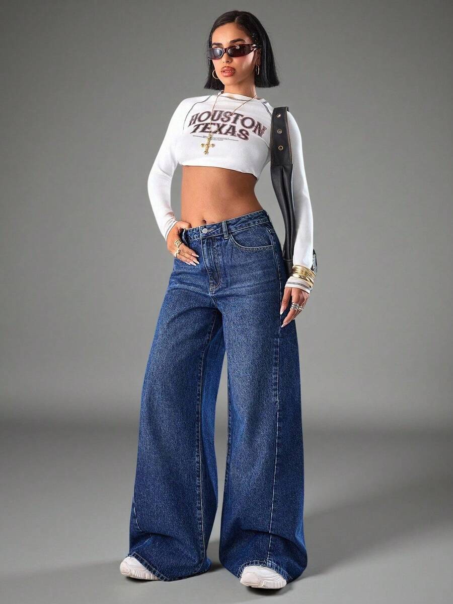 EURMUSE Mid Waist Dark Washed Wide Leg Jeans - Dark Wash - View 1
