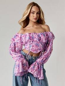 MISSGUIDED 露肩紧身胸衣短款上衣荷叶边长袖系带前开襟花卉印花露肩衬衫夏季节日假期波西米亚风农民风格 - 紫羅蘭色 - 查看 1