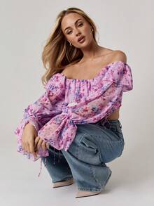 MISSGUIDED 露肩紧身胸衣短款上衣荷叶边长袖系带前开襟花卉印花露肩衬衫夏季节日假期波西米亚风农民风格 - 紫羅蘭色 - 查看 4