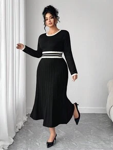 Elenzga Plus Size Women Fitted Elegant Sophisticated Color Block Striped Knit Dress - Black - View 3