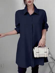 SHEIN Unity Solid Hidden Button Long Shirt For Daily Wear, Long Sleeve Tops Fall Cloth For Women - Navy Blue - View 4