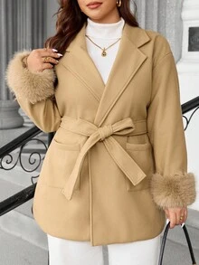 Calvaya Plus Size Plus Size Waist Pocket Splice Faux Fur Jacket - Khaki - View 5