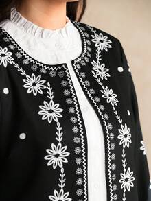 EMERY ROSE Plus Size Women's Casual Loose Fit Long Sleeve Printed Jacket - Black - View 3