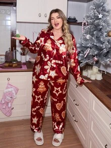 SweetSlumber Pijama de manga larga con cuello vuelto y estampado de árbol de Navidad de galletas, talla grande, ropa cómoda para otoño