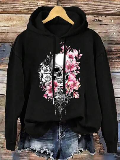 EMERY ROSE Plus Size Women Casual Minimalist Fashion Street Skull & Floral Pattern Drop Shoulder Drawstring Thick Black Sweatshirt, Suitable For , Y2K, Halloween Graphic Sweatshirts Women Women Sweatshirts Skull Sweatshirts Women Floral Sweatshirts Black Sweatshirts Women Fall,Spring
