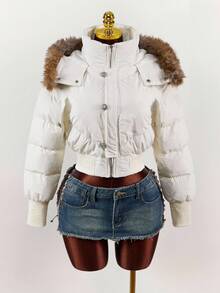 Y2K Amplova 大码冬季外套，纯白色毛绒条纹，带真口袋，百搭返校冬季外套 - 米色 - 查看 5