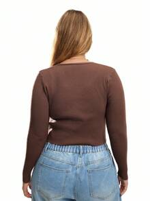 SHEIN EZwear Cárdigan ligero y delgado de punto para tallas grandes en otoño/invierno - Marrón - Ver 3