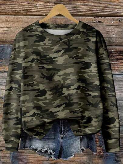 EMERY ROSE Plus Size Women Casual Minimalist Camouflage Print Crew Neck Off Shoulder Loose Sweatshirt, , Fall For Women Women Camo Sweatshirt Camouflage For Women Camo Top,Spring